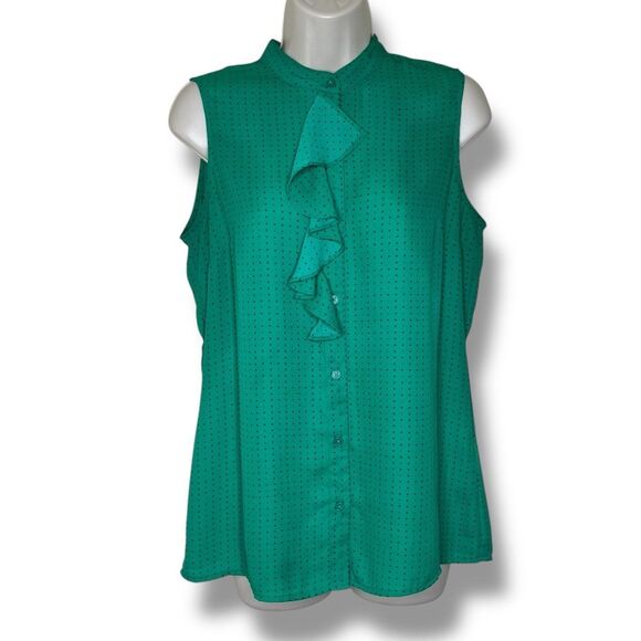 Banana Republic Sleeveless Dot Ruffle Placket Green Blue Button Top Women Small - Picture 1 of 11